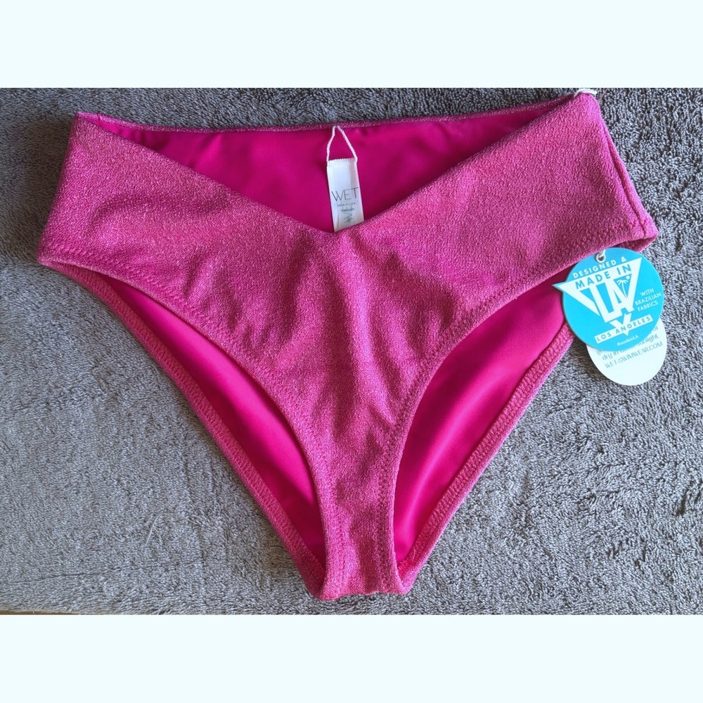 NEW WET‎ Swimwear Azura Bikini Bottom S Pink V-Front High Waist Textured Shimmer